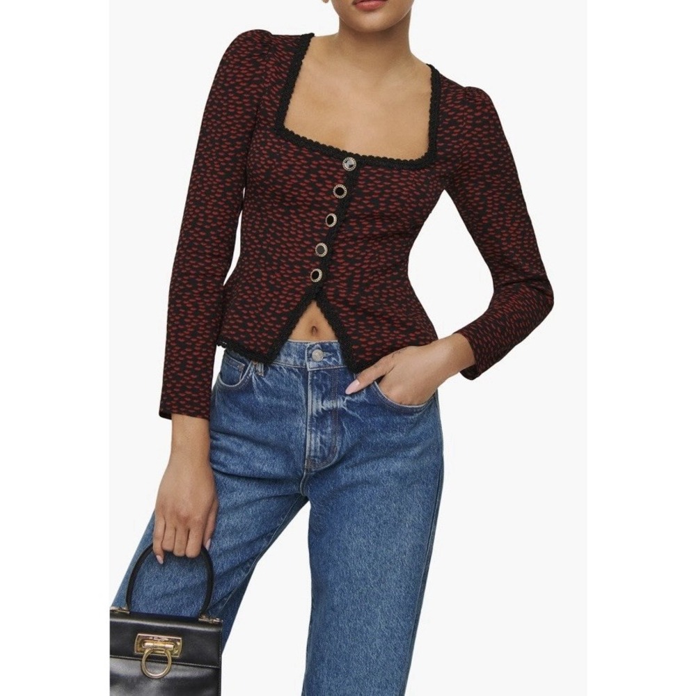Reformation Top Lace Trim Long Sleeve Nikky Size 0 Red Black Romantic Coquette